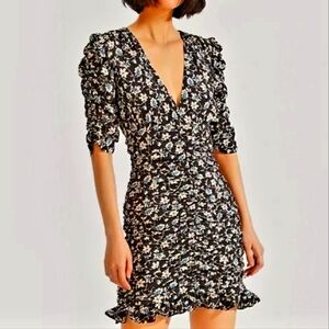 Veronica Beard Josephine Black White And Blue Print Smocked Scrunched Dress